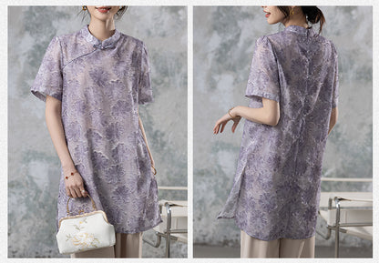 Women's Short Sleeve Button Print Qipao Satin Blouse