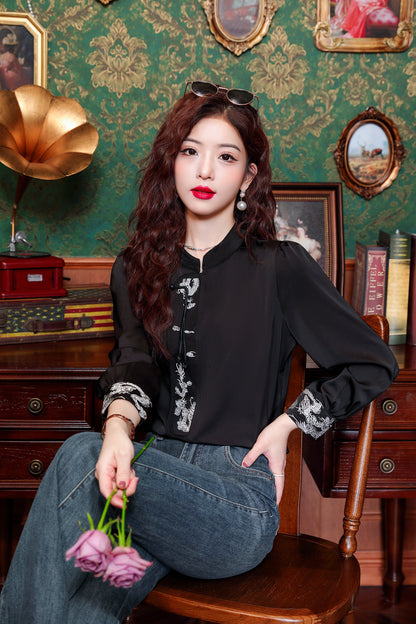 Women's Silk Satin Embroidery Jacquard Blouses