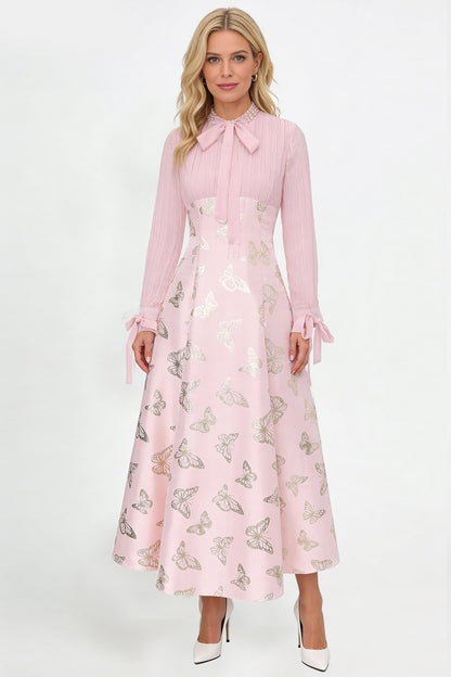 Women's Tie-neck Pleated Top Satin Gilded Party Long Dress - LAI MENG FIVE CATS