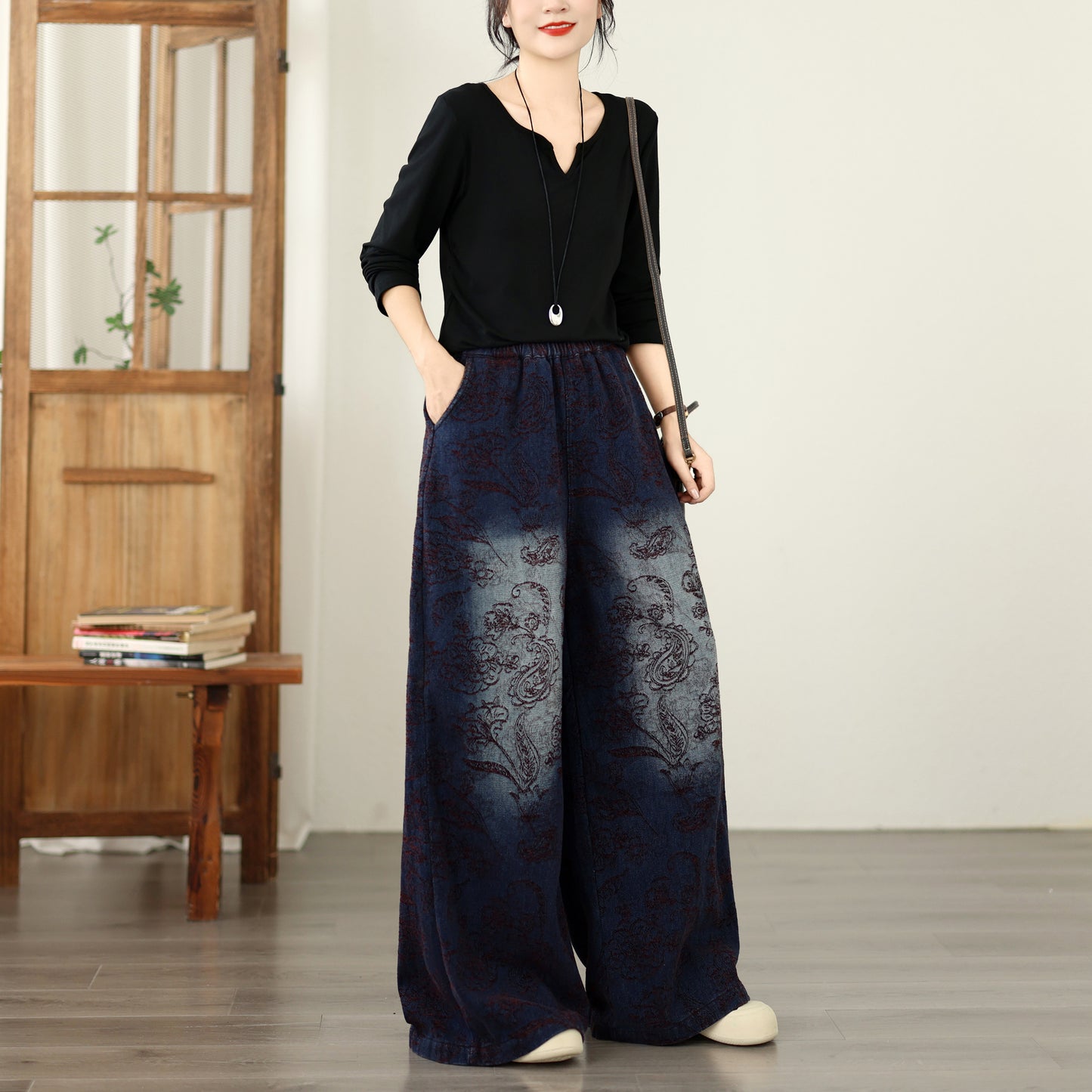 Retro Paisley Print Wide-Leg Jeans Vintage Wash Denim Pants