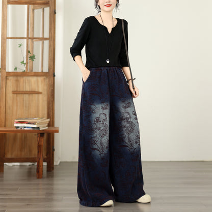 Retro Paisley Print Wide-Leg Jeans Vintage Wash Denim Pants