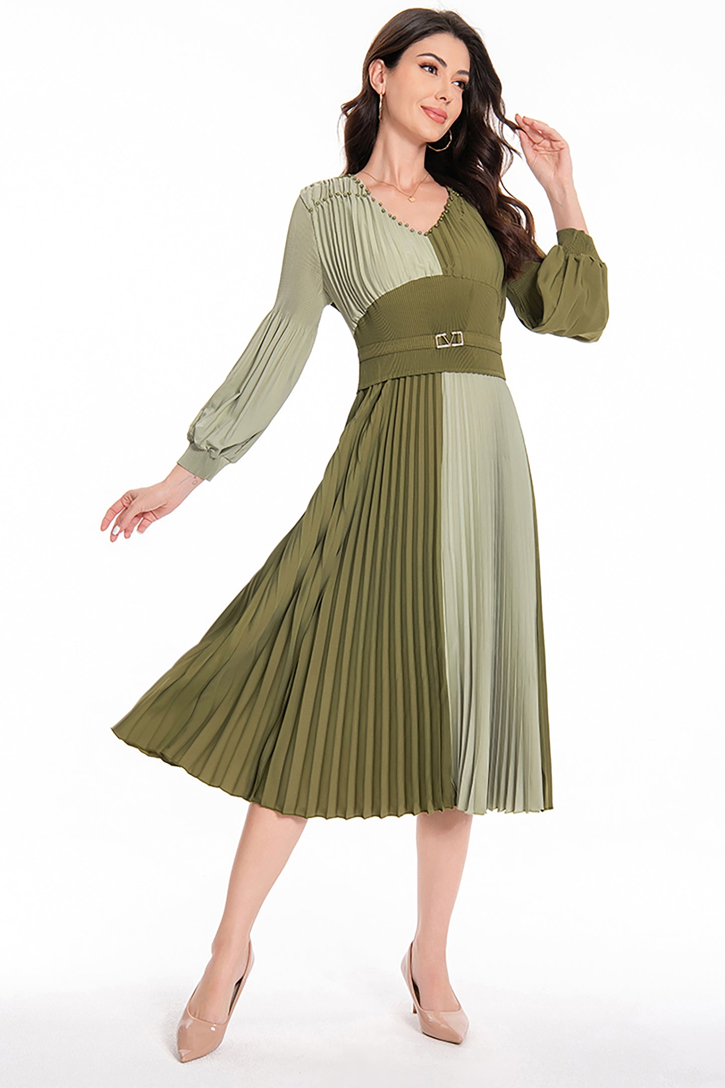 Women's Puff Sleeves V-Neck Solid Color Pleated Dress