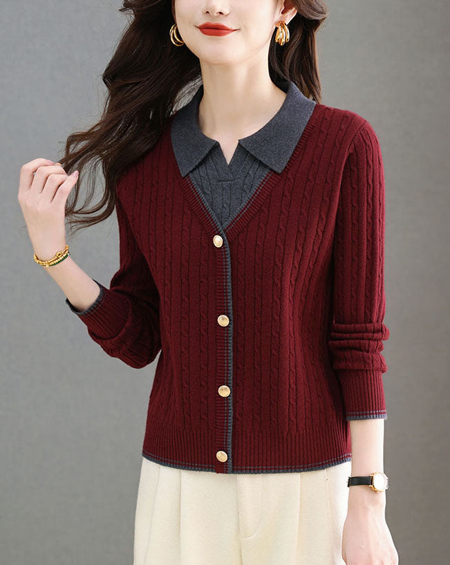 Women's Sweaters Tops Lapel Ribbed Knit Pullover Shirt