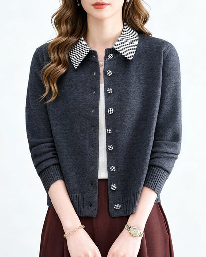 Contrast Gingham Collar Knit Cardigan – Vintage Button Sweater Top