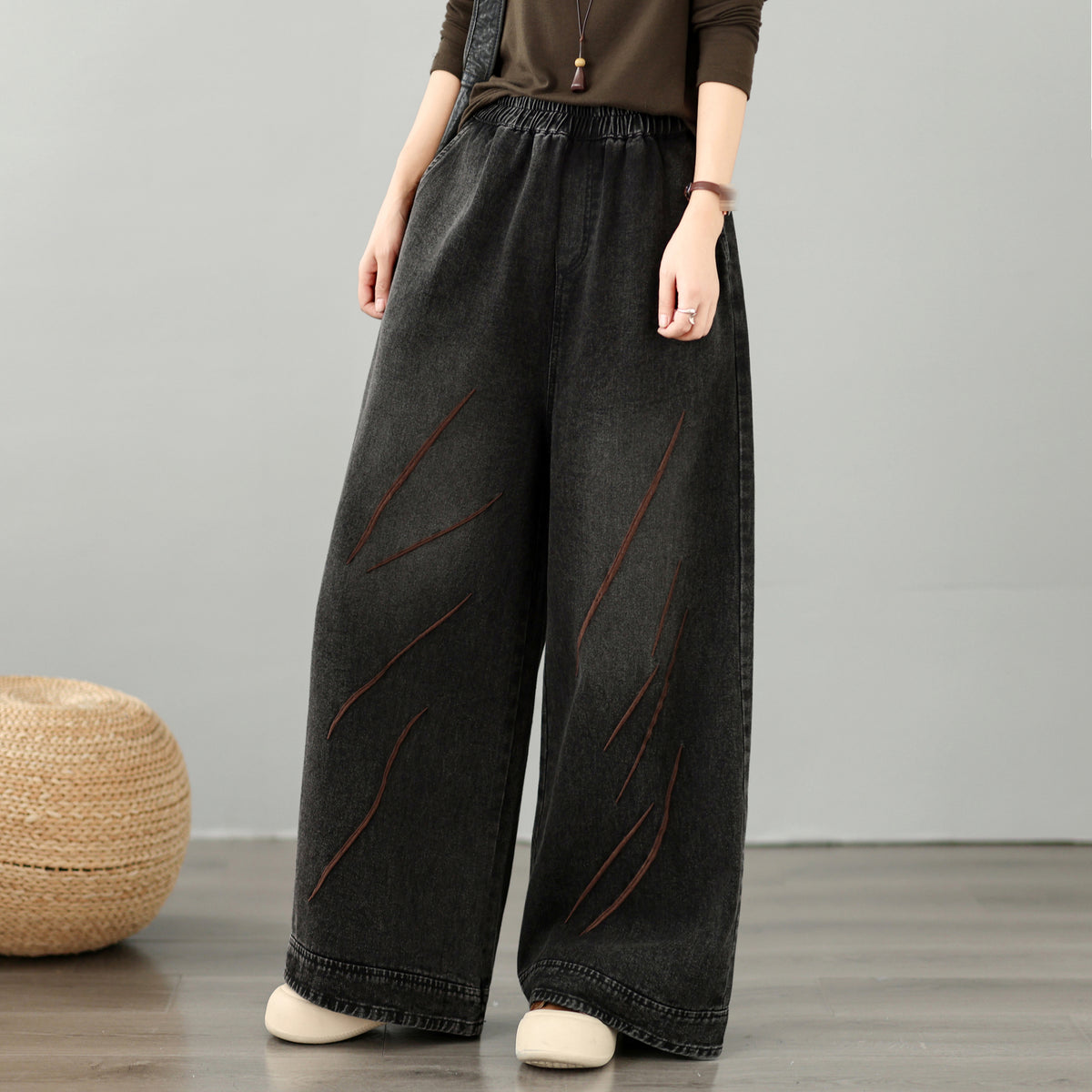 28668-Vintage Denim Wide-Leg Pants with Embroidery &Elastic Waist