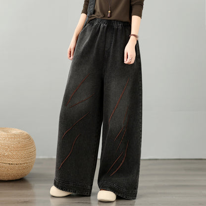 28668-Vintage Denim Wide-Leg Pants with Embroidery &Elastic Waist