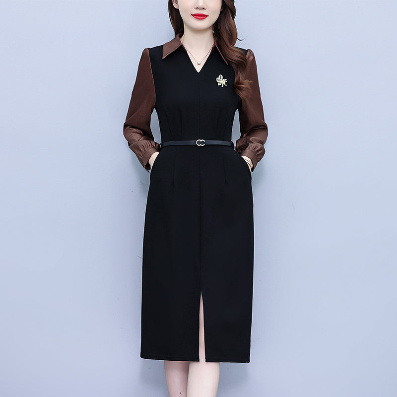 Women's Lapel V-Neck Pocket Long Sleeve Black Dress