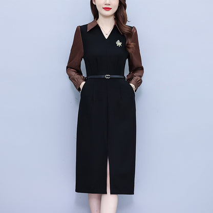 Women's Lapel V-Neck Pocket Long Sleeve Black Dress