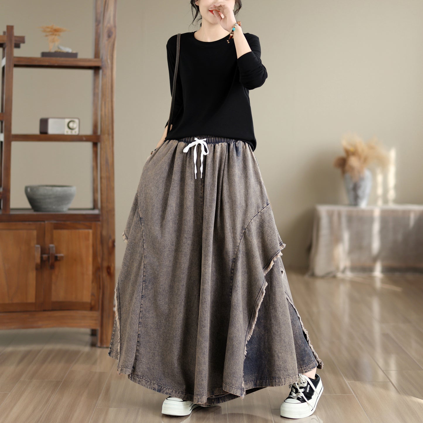 Women Loose Denim Skirt Pants Baggy Elastic Waist Casual Wide Leg Jeans