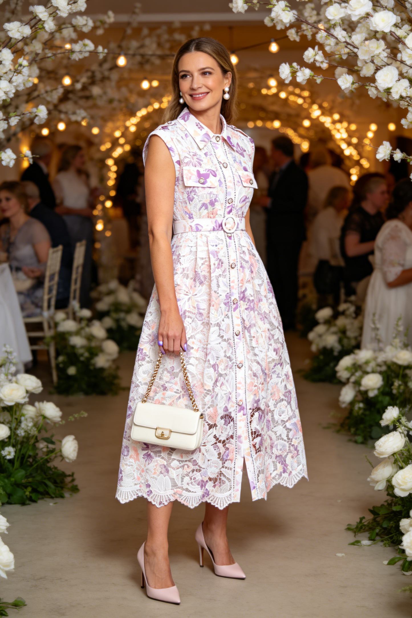 Lavender Floral Lace Midi Dress with Belt – Romantic Date Night Dress