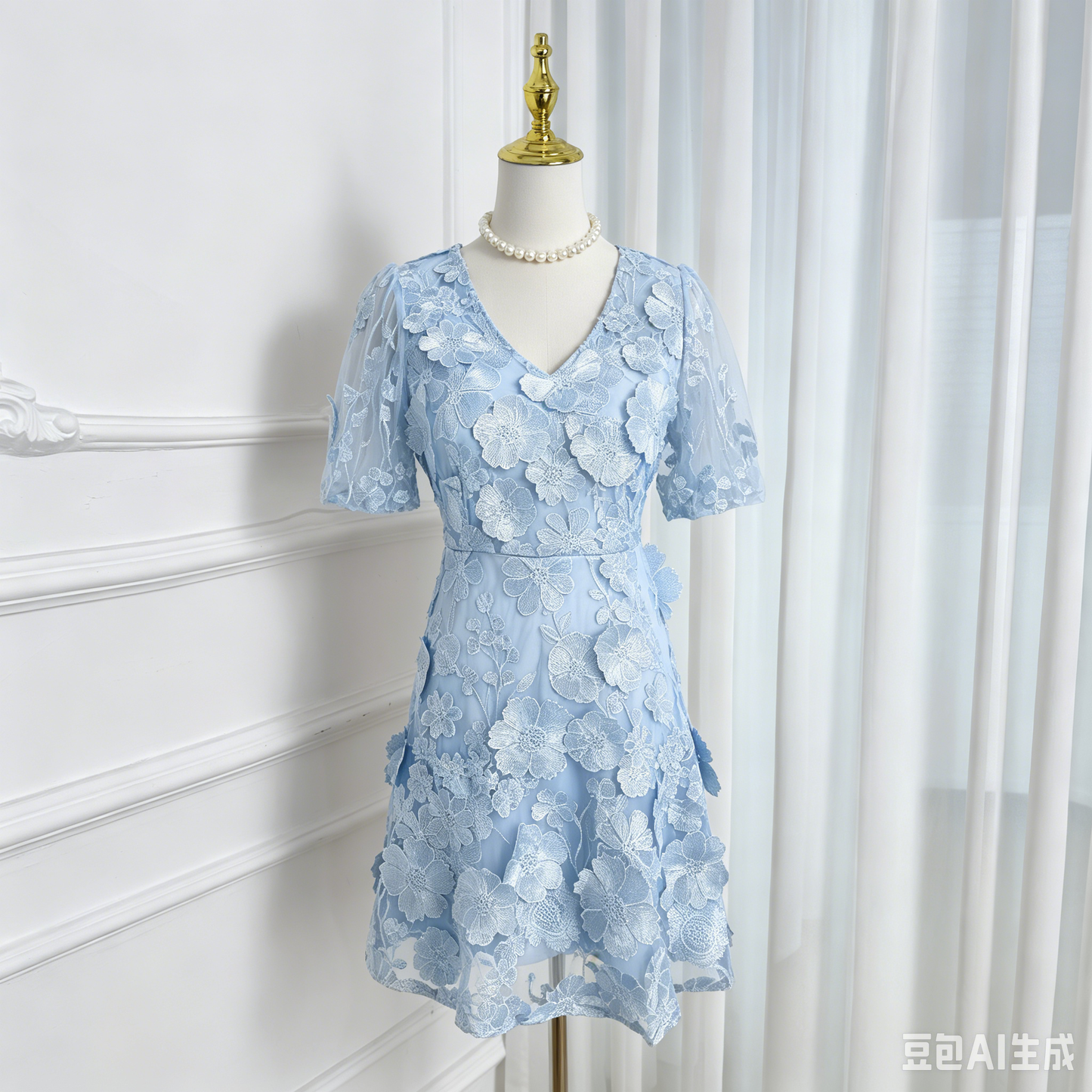 Light Blue 3D Floral Embroidered Mini Dress for Wedding Guests - LAI MENG FIVE CATS