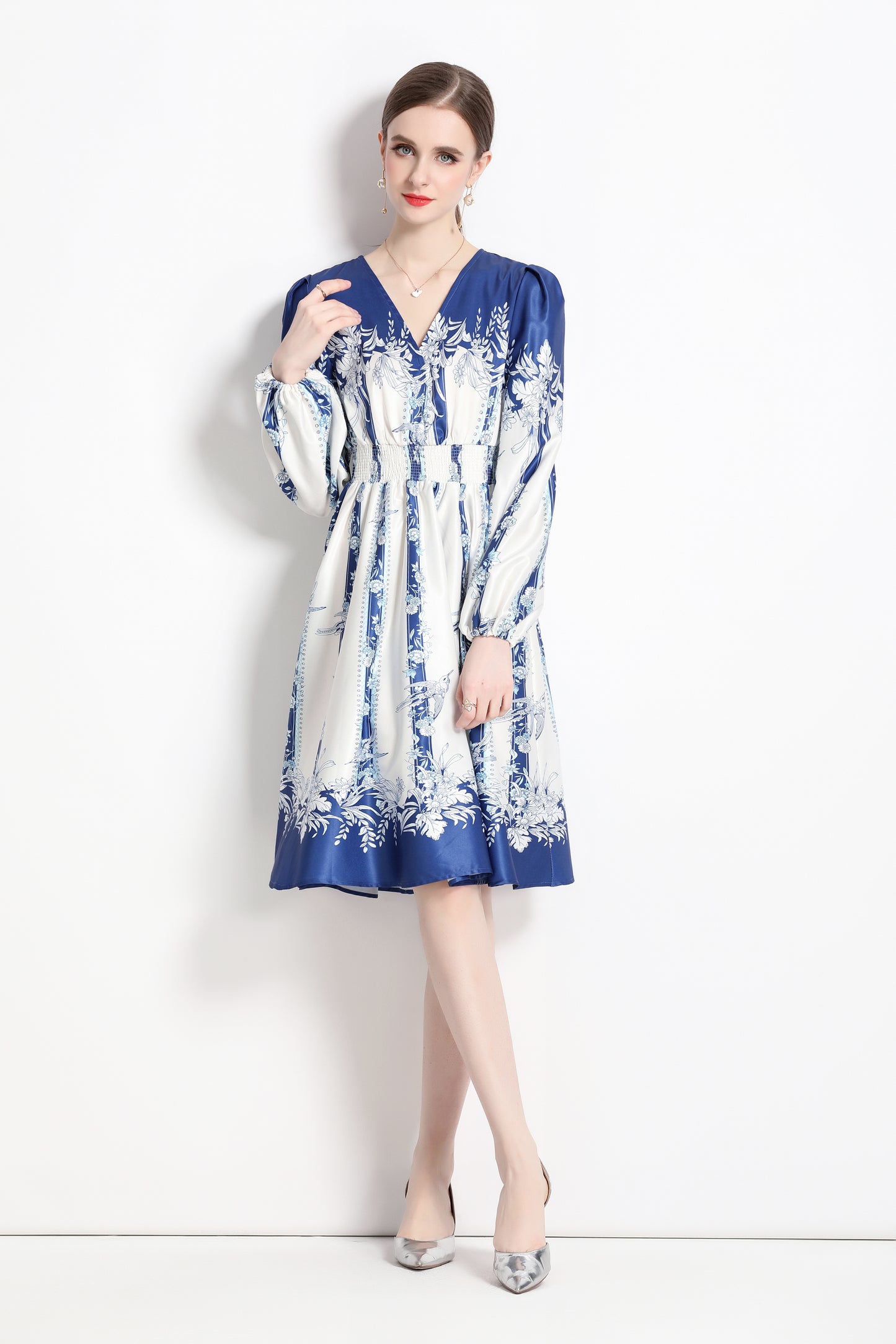 SSY-Women's Floral Print V-Neck Long Sleve Mini Dress