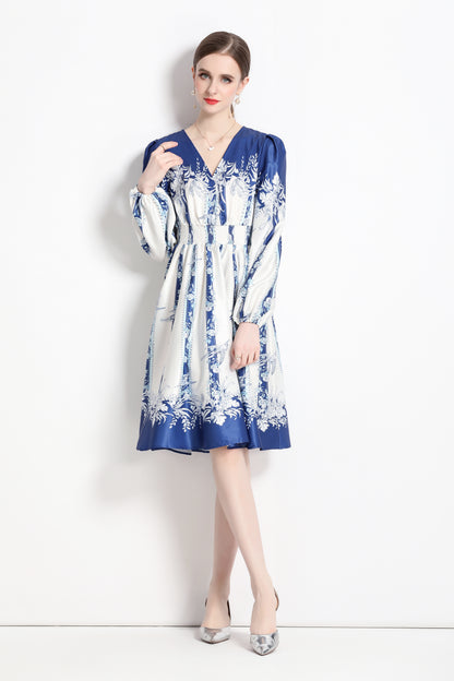 SSY-Women's Floral Print V-Neck Long Sleve Mini Dress