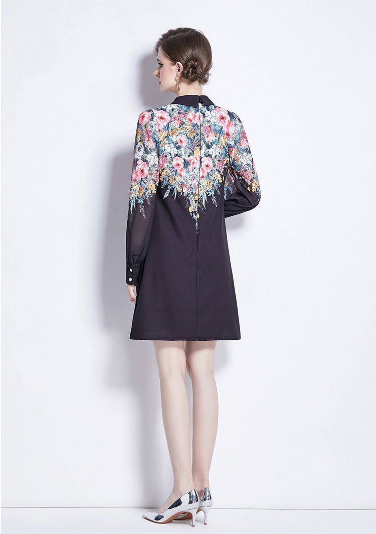 SSY-Women's Floral Chiffon Long Sleeve Mini Dress