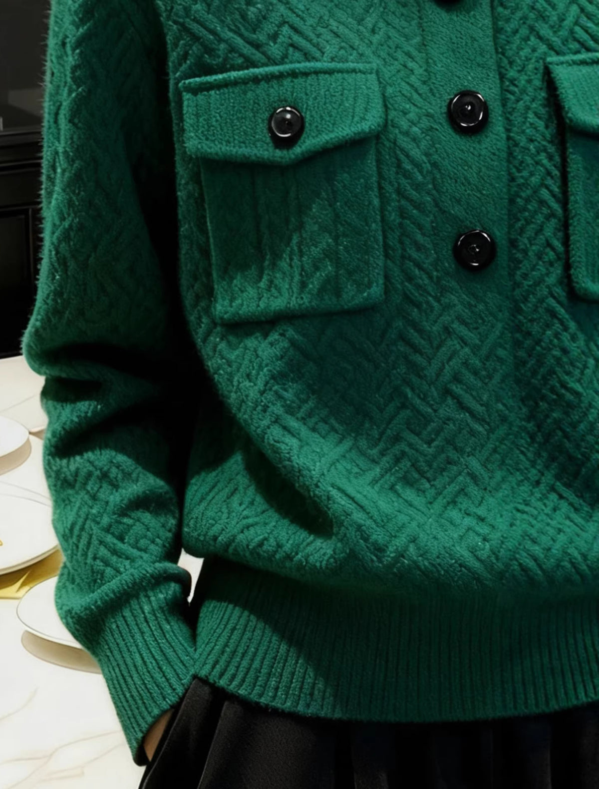 28694 Emerald Green Textured Knit Polo Sweater