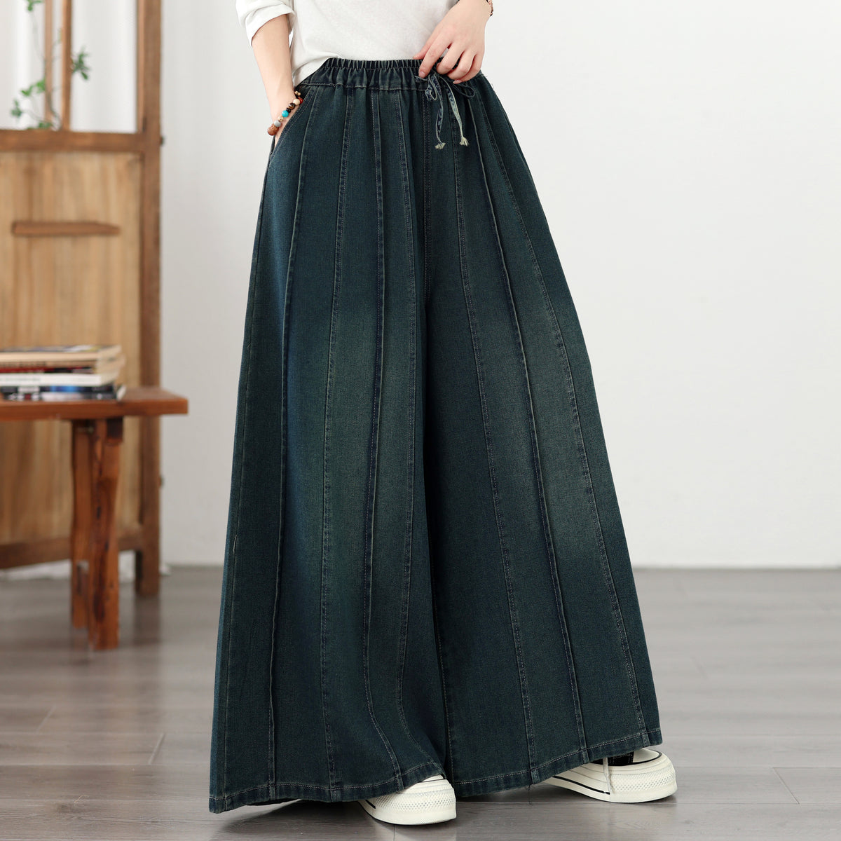Women's Denim Wide Leg Pants - Drawstring Waist & Vertical Panel Details