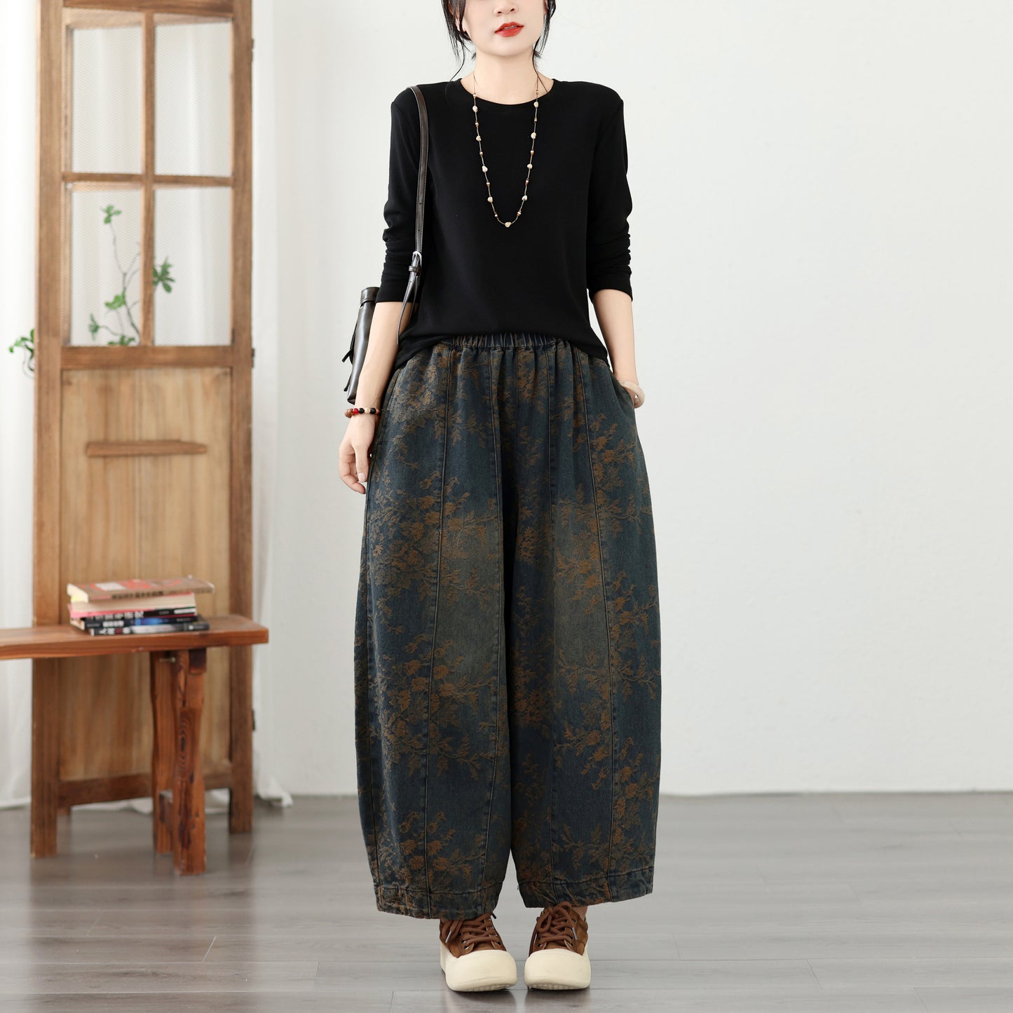 Women's Loose Floral Denim Jeans Elastic Waist Boho Lantern Pants
