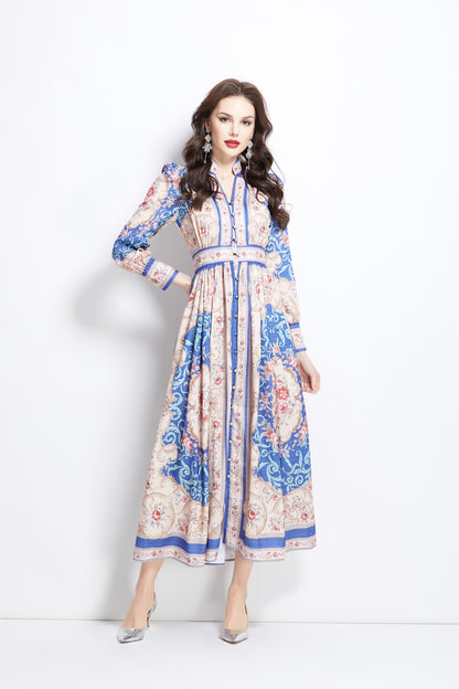 Women's Floral Print V-Neck Button up Slit Maxi Dress