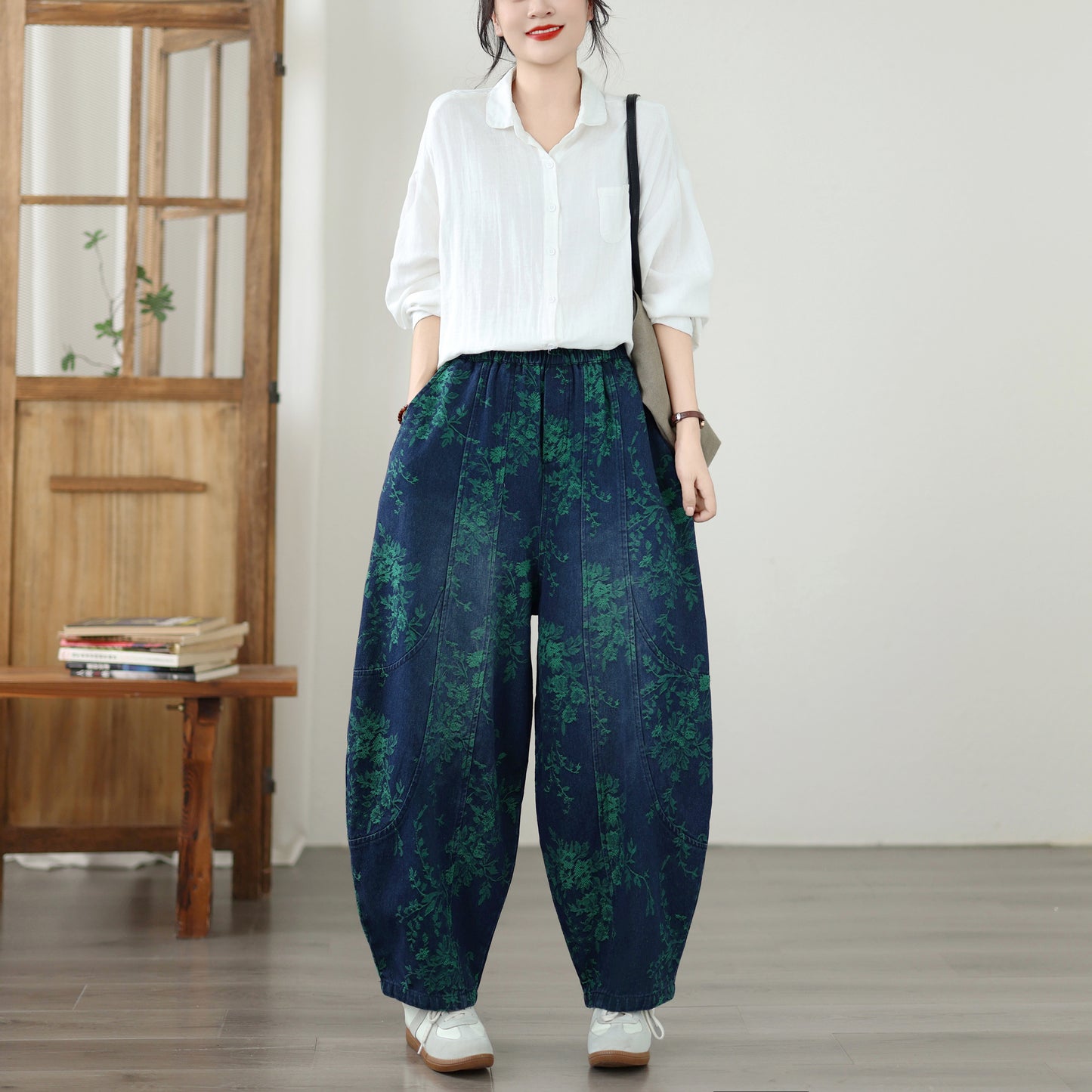 Vintage Print Denim Jeans for Women - High-Waisted, Loose-Fit Harem Pants