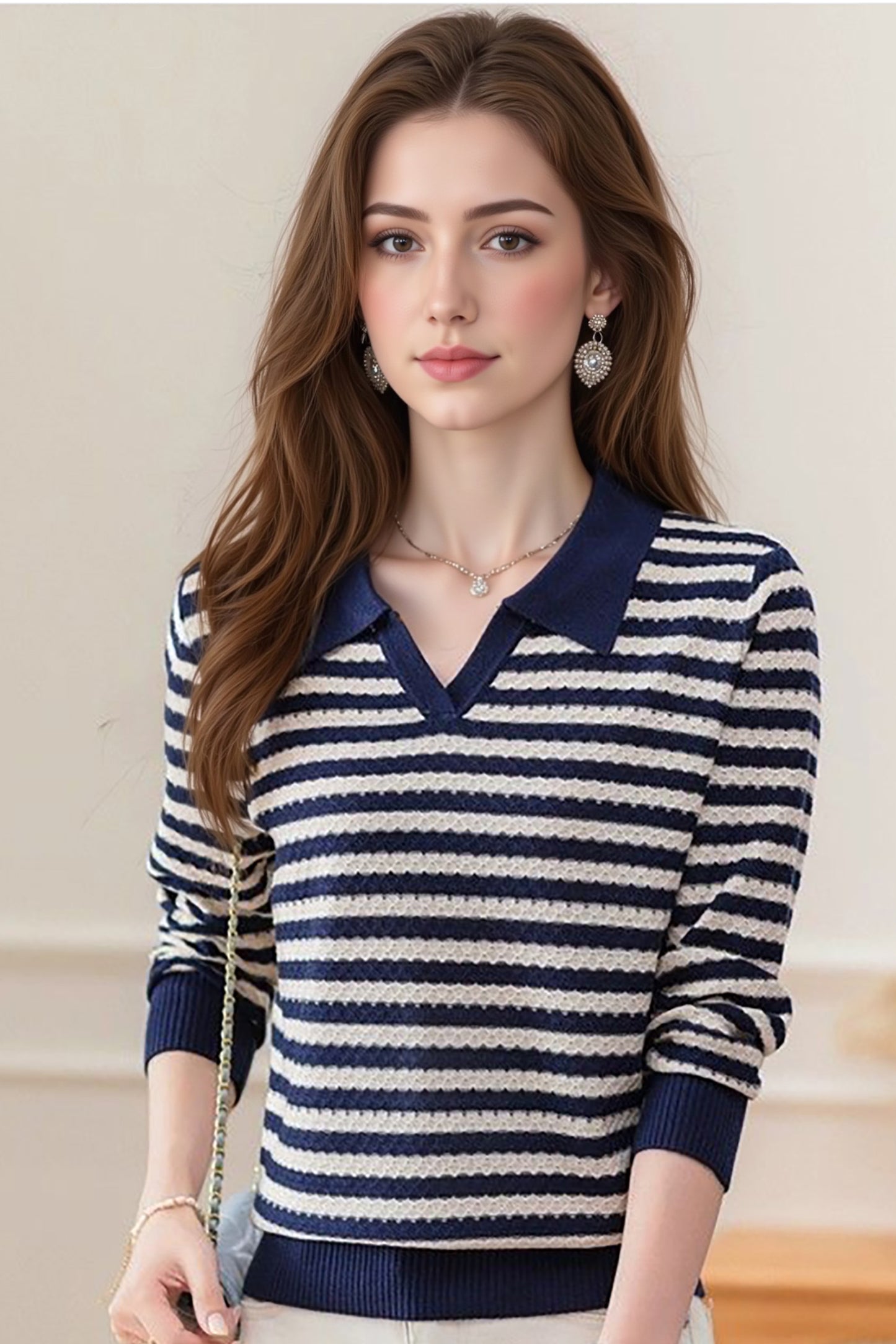 Women's Striped Sweater Lapel Ribbed Pullover Knit