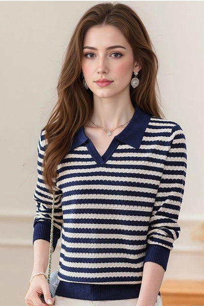Women's Striped Sweater Lapel Ribbed Pullover Knit