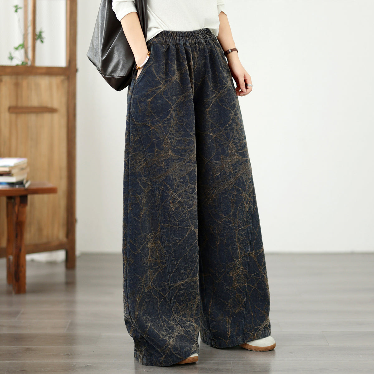 Vintage Dark Denim Wide-Leg Pants | Artistic Crackle Print & Elastic Waist