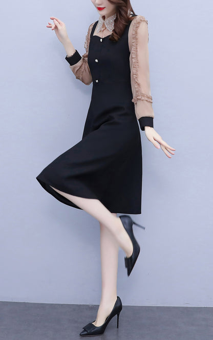 Women's Peter Pan Collar Long Sleeve Black Dress with Pocket