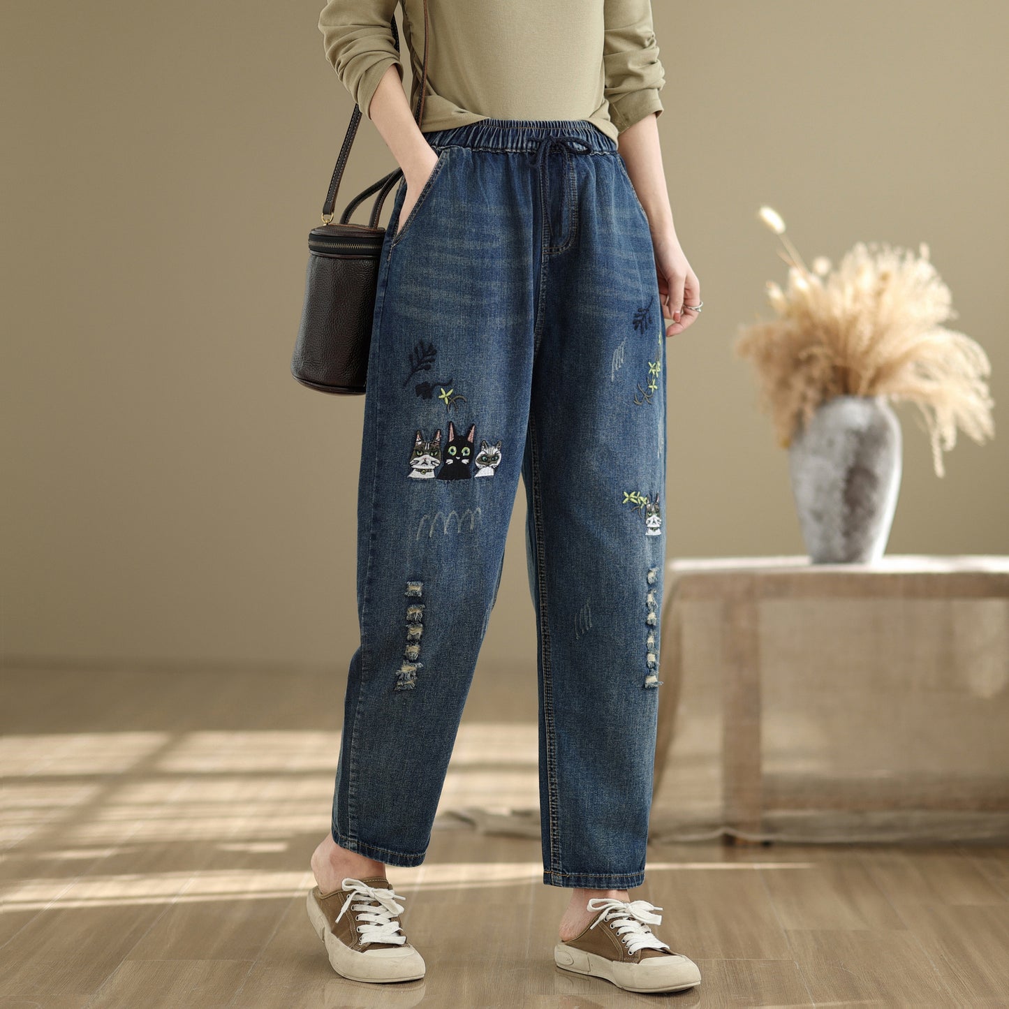 Women Jeans Denim Loose Pants Elastic Waist with Pocket