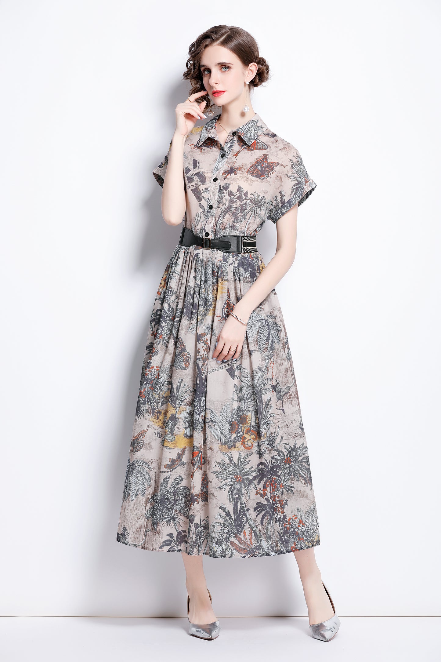 Women's Short Sleeves Print Pocket Button Midi Dress