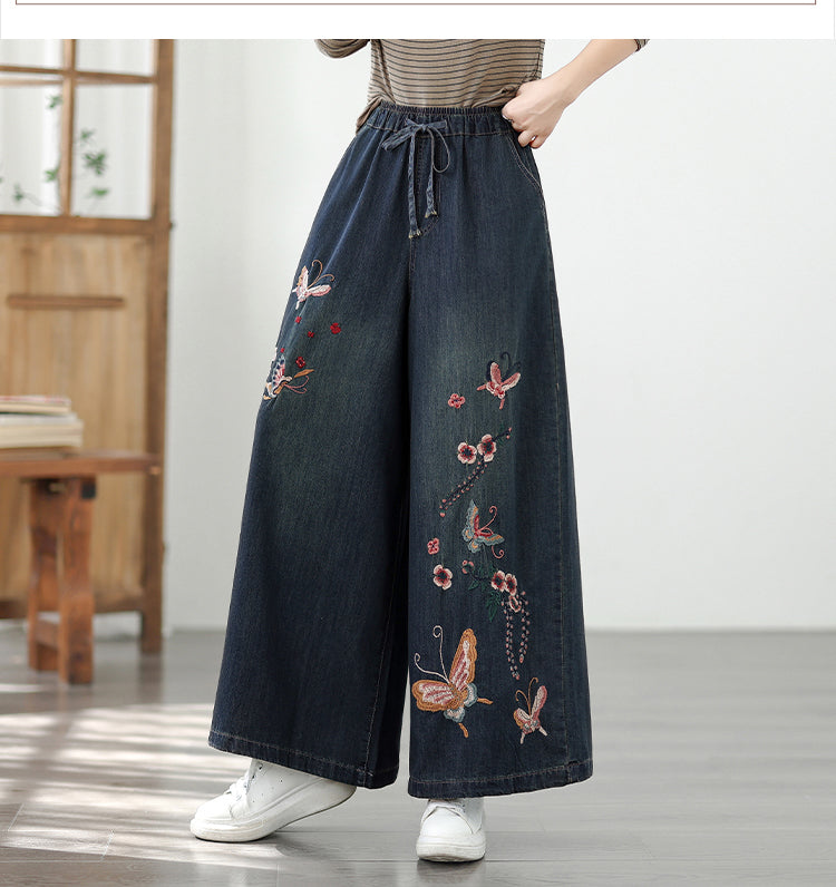 Women's Baggy Wide Leg Jeans Embroidery Pants