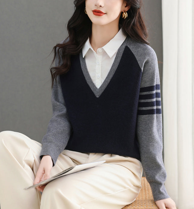 Women's V-Neck Pullover Top Striped Contrast Blouse