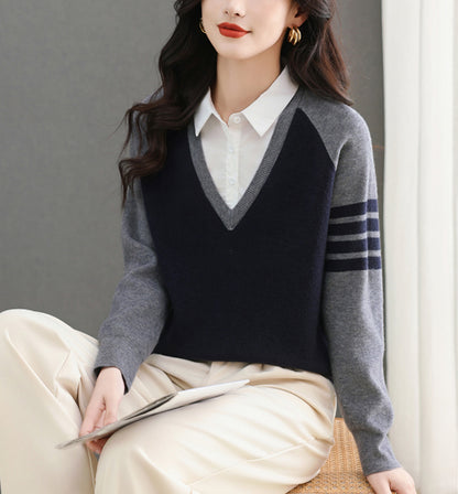 Women's V-Neck Pullover Top Striped Contrast Blouse