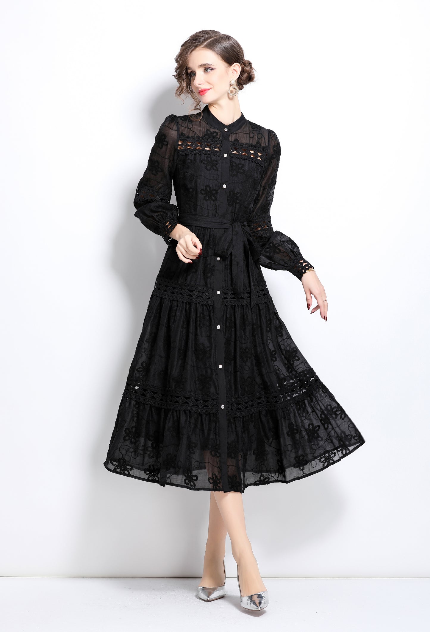 Womens Lace Tulle Hollow Ruffle Button Midi Dress