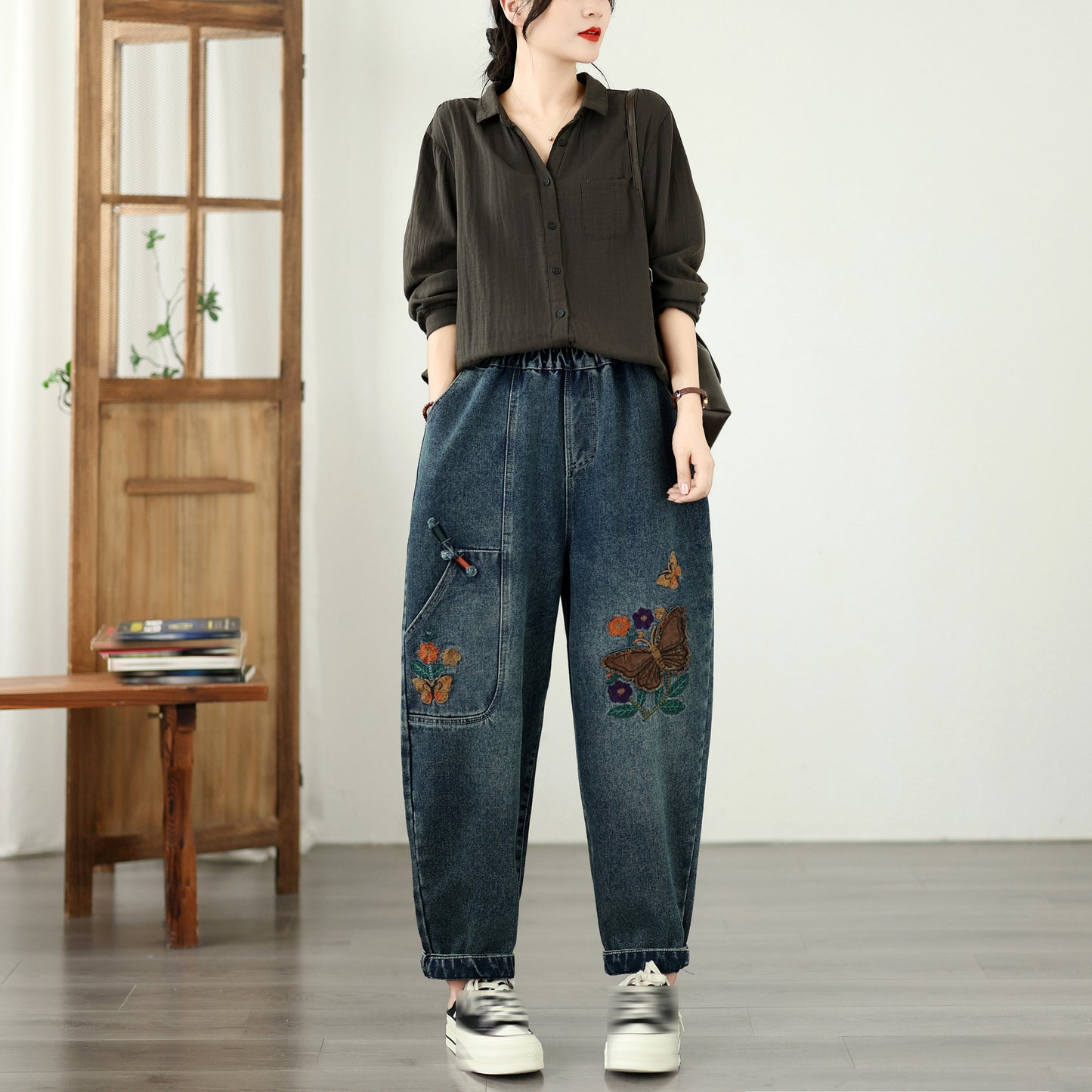 Vintage Embroidered Denim Harem Pants with Elastic Waist