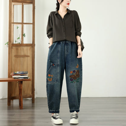 Vintage Embroidered Denim Harem Pants with Elastic Waist