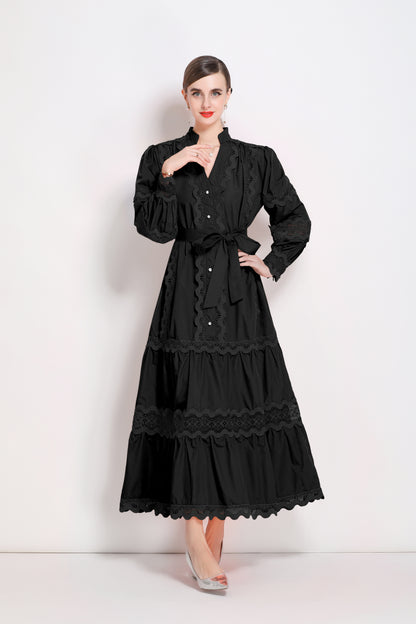 Women's V-Neck Puff Sleeve Lace Tiered Maxi Dress