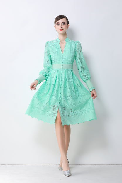 Women's V-Neck Long Sleeve Hollow Out Lace Midi Dress