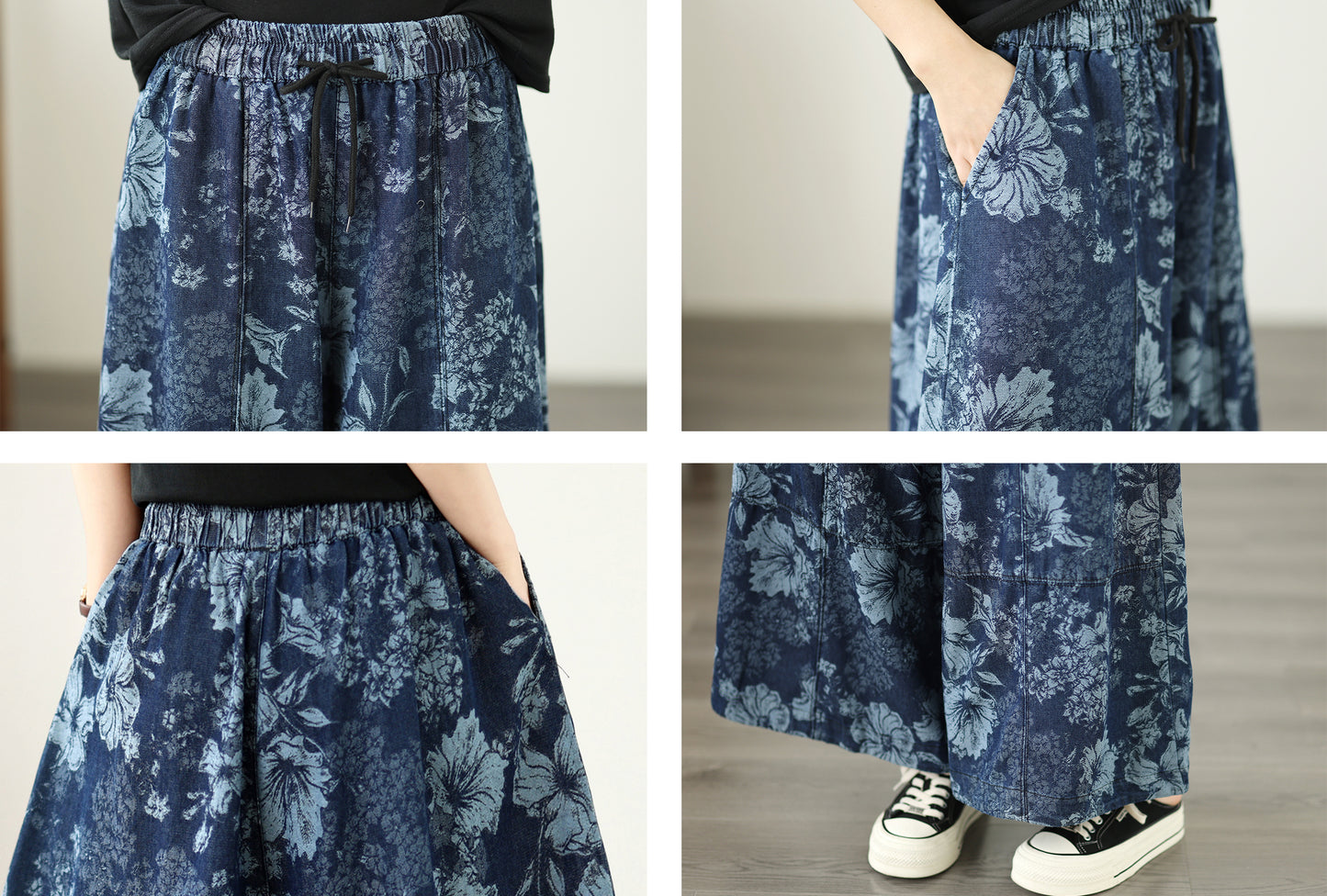 Floral Print Lightweight Wide Leg Denim Pants