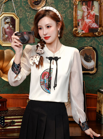 Women's Silk Satin Top Embroidered  Jacquard Shirt