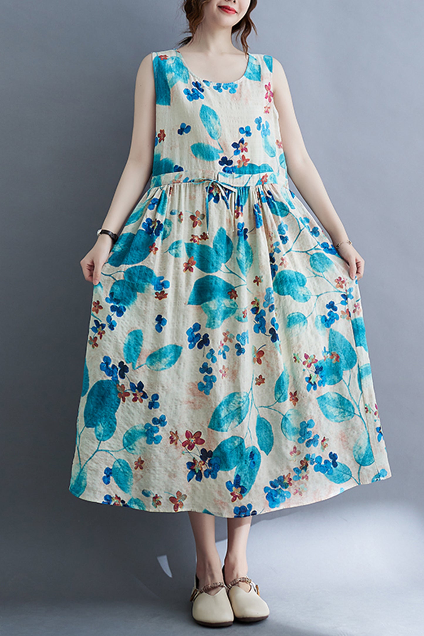 Blue Floral Print Loose Strappy Dress with Pocket
