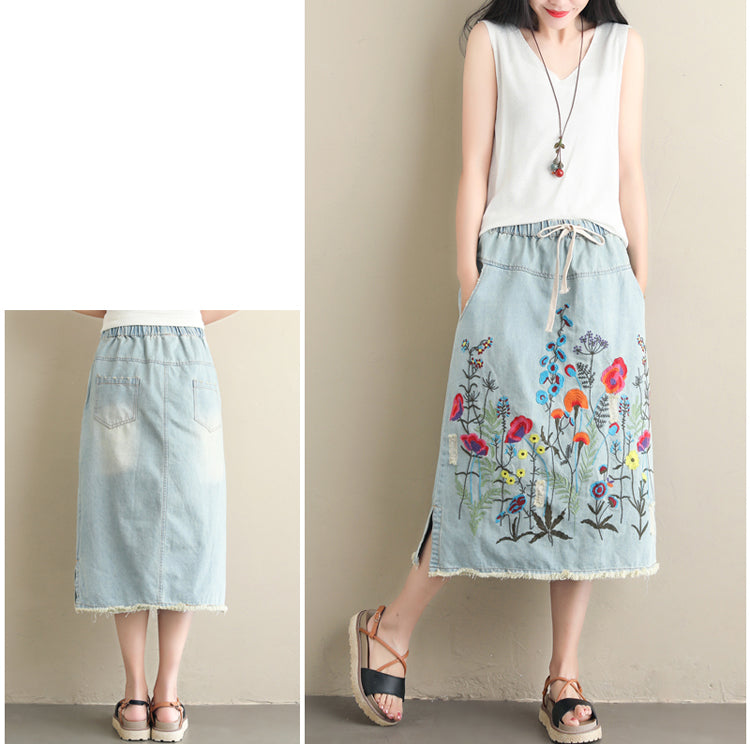 Embroidered Floral Denim Midi Skirt