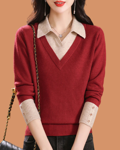 Elegant Layered Knit Sweater with Polo Collar Long Sleeve Knit Pullover - LAI MENG FIVE CATS