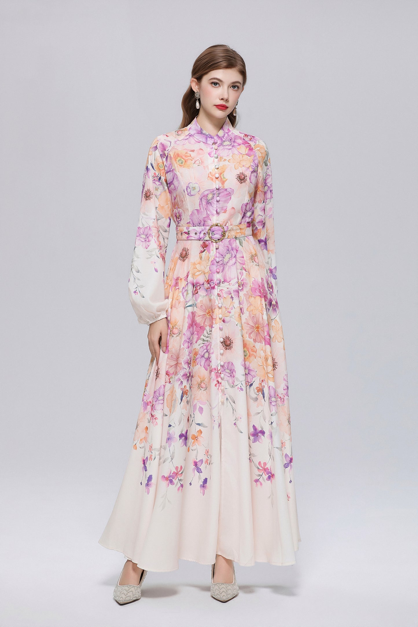 26-Women Floral Print Button Flowy Maxi Belt Dress