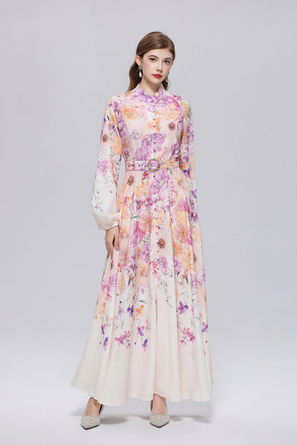 26-Women Floral Print Button Flowy Maxi Belt Dress