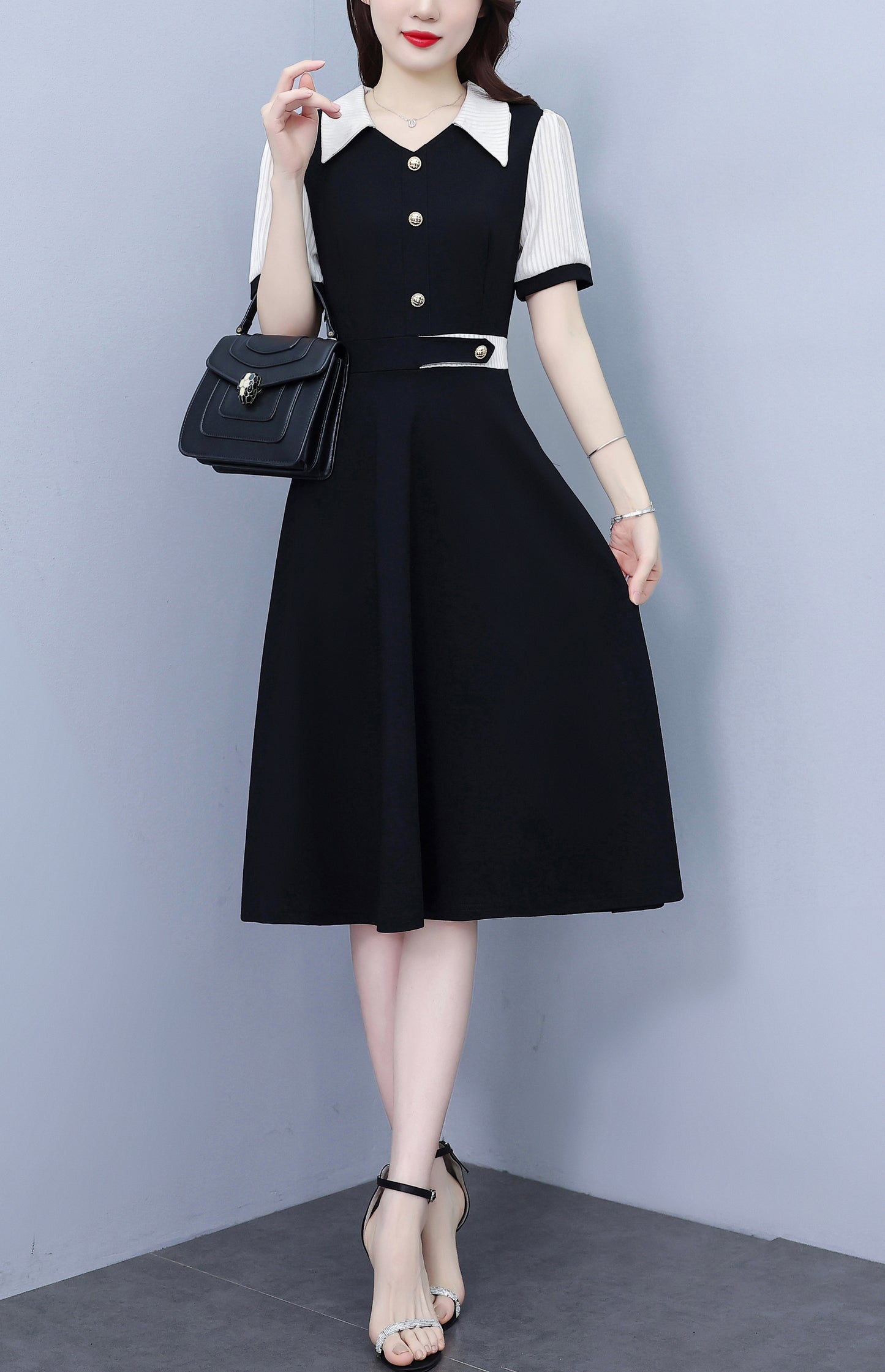 Women's Lapel V-Neck Pocket Short Sleeve Midi Dress - LAI MENG FIVE CATS
