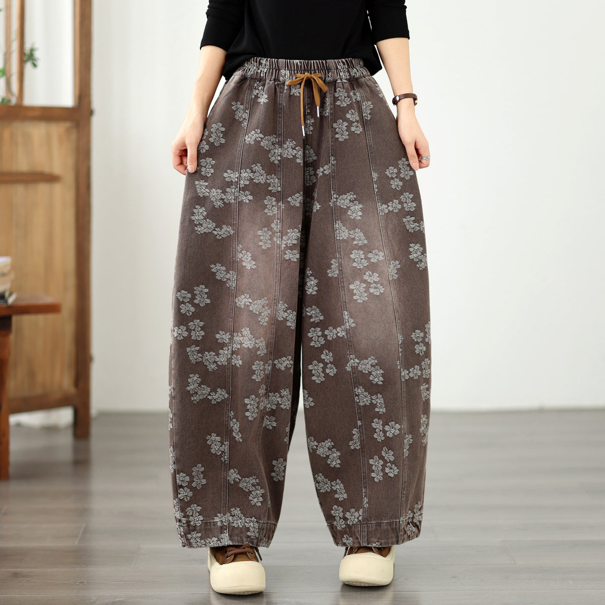 Vintage Floral Denim Harem Pants - Women's Loose Fit Boho Lantern Trousers