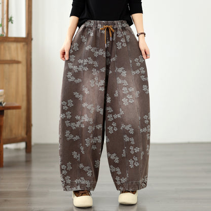 Vintage Floral Denim Harem Pants - Women's Loose Fit Boho Lantern Trousers