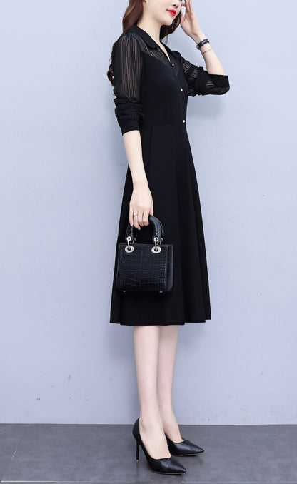 Women's V-Neck Long Sleeve with Pockets Black Dress