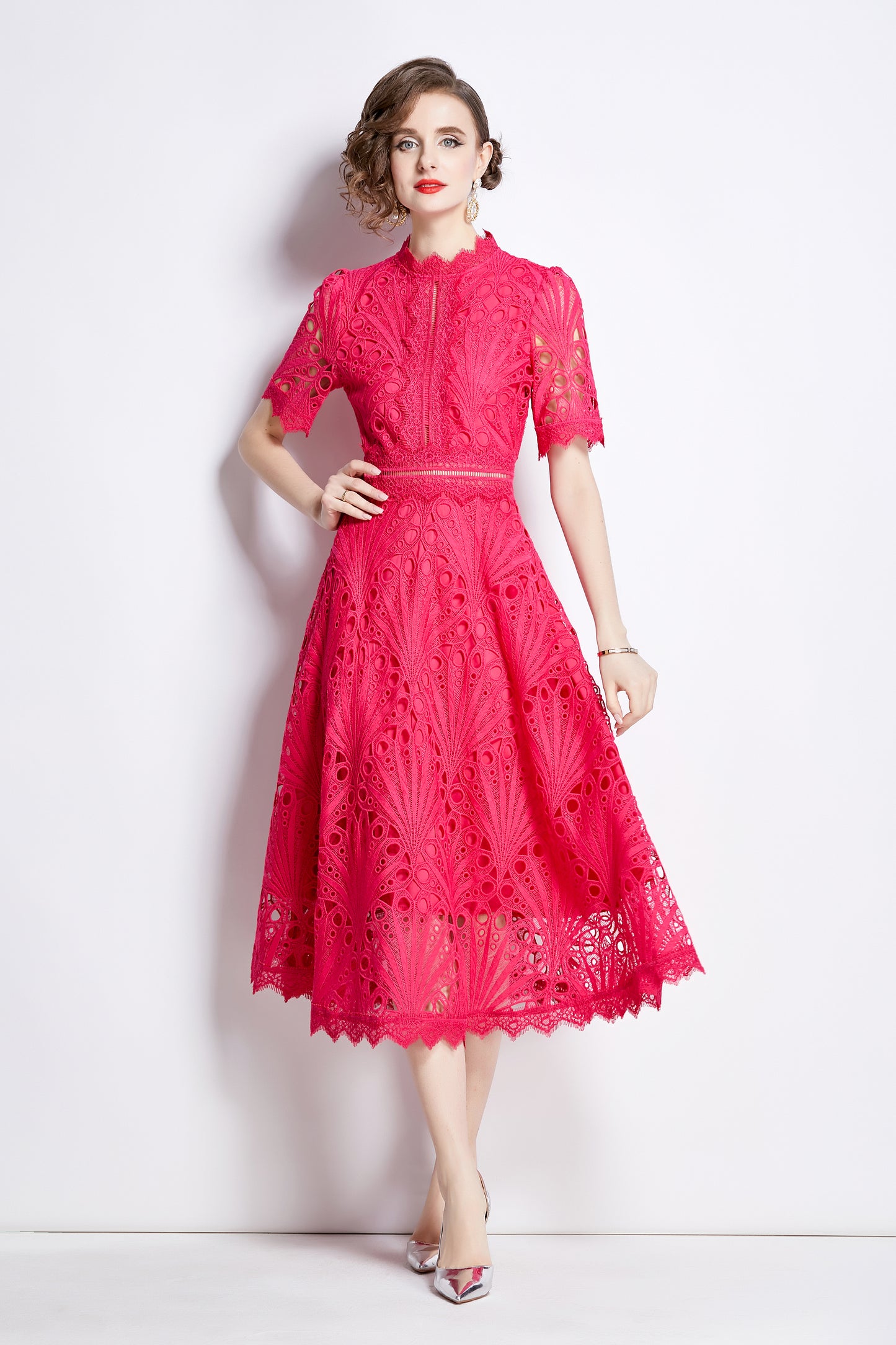 Women's Floral Lace Crew Neck Crochet Waist Midi Dress