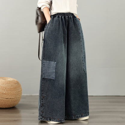 28667-Vintage Denim Wide-Leg Pants with Buttons Trim & Patch Pockets